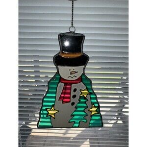 Vintage Stained Glass Snowman Frame With Suction Cup For Window Holiday